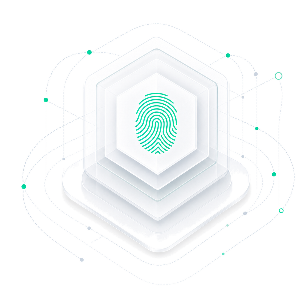 Stylized mint thumbprint inside layered glass hexagons. Authority stays with the person.